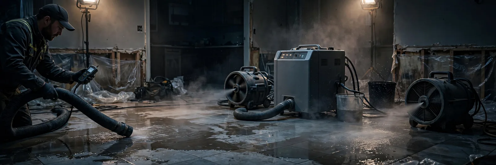 Water extraction hose and dehumidifier at work during structural drying
